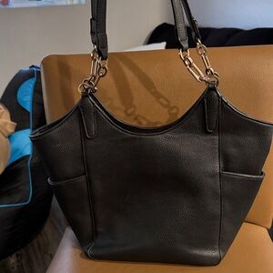 SevenDays Black Vegan Leather Tote Bag with Chain Strap Accents